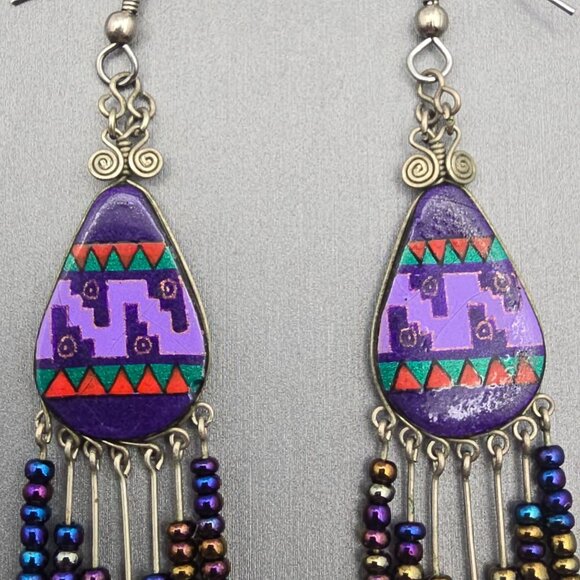 VTG Purple Southwestern Dangle Drop Earrings Beaded Fringe Tribal Pattern Design - Picture 3 of 7